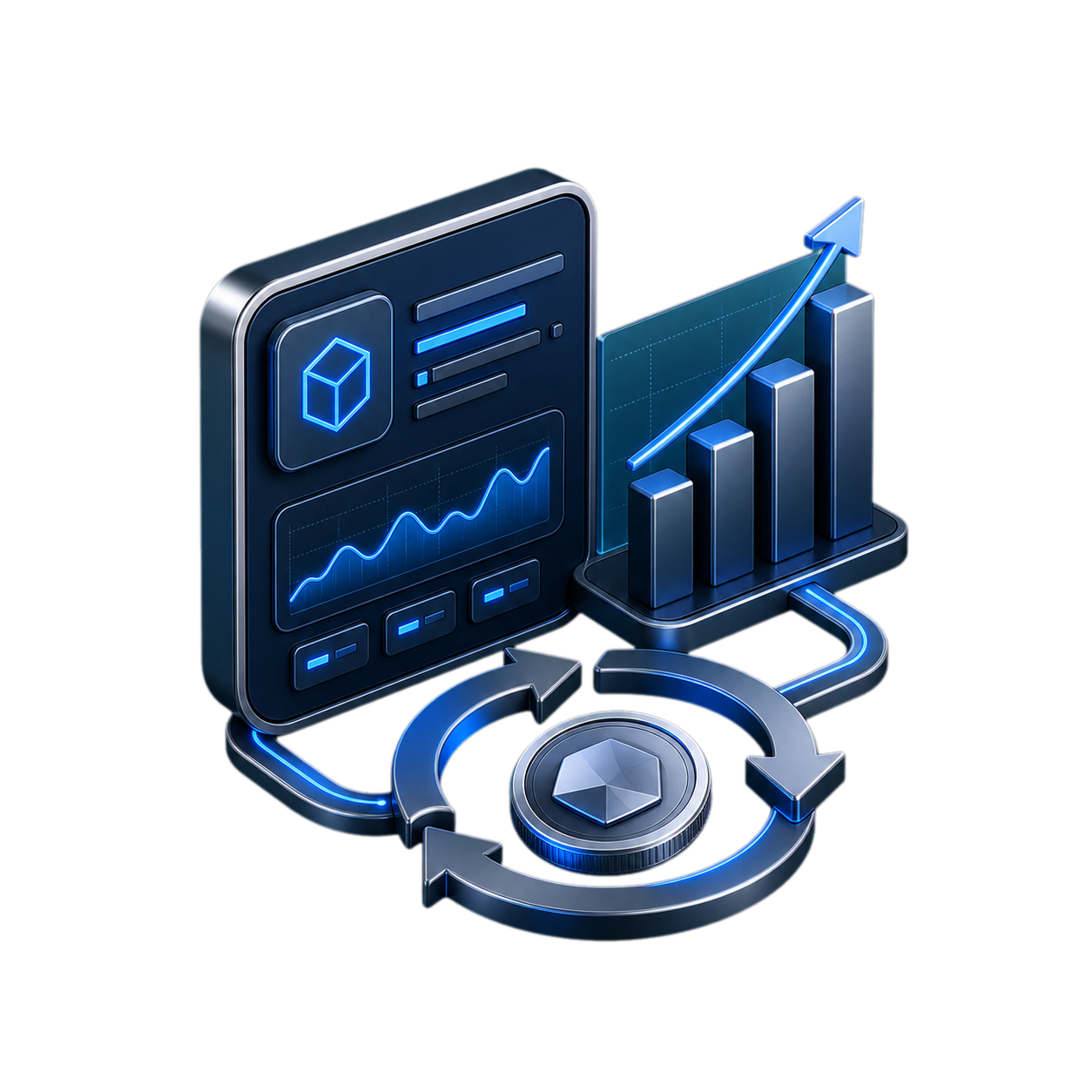 3D product-led economy dashboard and token utility cycle